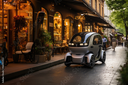 small electric and technological car for urban mobility. circulates along a pedestrian street in a city where cafes and restaurants abound