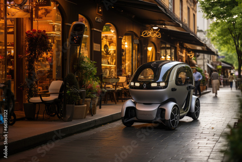 Obraz na płótnie small electric and technological car for urban mobility. circulates along a pedestrian street in a city where cafes and restaurants abound w salonie