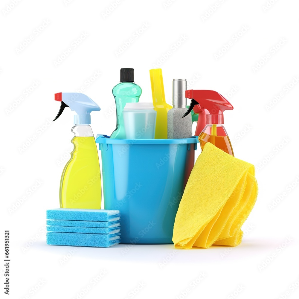 Detergent and equipment for the cleaning isolated on the white background, household concept Detergent and equipment for the cleaning isolated on the white background, household concept
