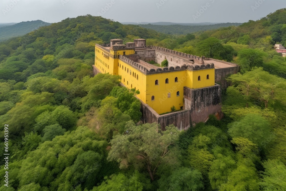 Impressive stronghold amidst towering yellow walls, enclosed by abundant greenery. Generative AI