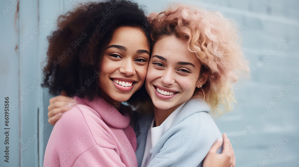 Portrait of Two young happy women hugging each other. Female friendship, love, support. Happiness of friendship. Portrait of Two young happy women hugging each other. Female friendship, love, support. Happiness of friendship.