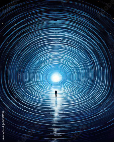 Man standing in the center of a tunnel of stars. Vector illustration
