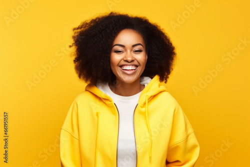 Young African American Woman with Afro Hairstyle, Happy and Stylish in Yellow Sweater, Closeup Portrait