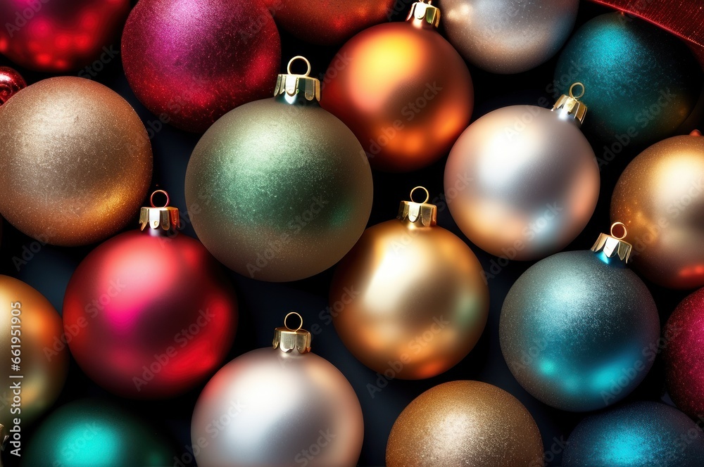 Christmas and New Year background, ornament of bright multi-colored glass decorative Christmas balls and baubles, shining lights and sparkles, close up macro Christmas and New Year background, ornament of bright multi-colored glass decorative Christmas balls and baubles, shining lights and sparkles, close up macro