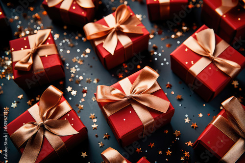 Illustration of festive gift boxes decorated with multicolored silk ribbons, surrounded by stylish Christmas decorations, stars, snowflakes on a soft background. Generative AI