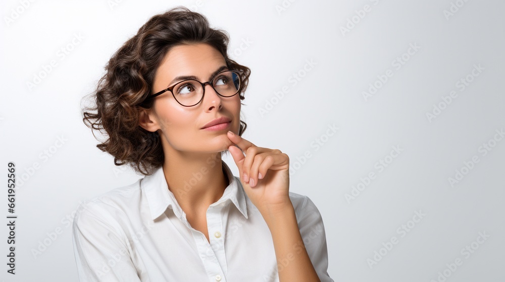 Young beautiful woman with framed glasses wearing beige blouse over isolated background with hand on chin thinking about question, pensive expression. Smiling with thoughtful face. Doubt concept.