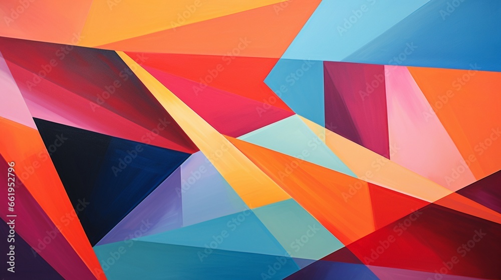 Craft an abstract landscape of interlocking geometric shapes, each painted in a striking, contrasting color. Craft an abstract landscape of interlocking geometric shapes, each painted in a striking, contrasting color.