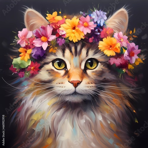 illustration of a colorful cat with a flower crown on its head. generated ai