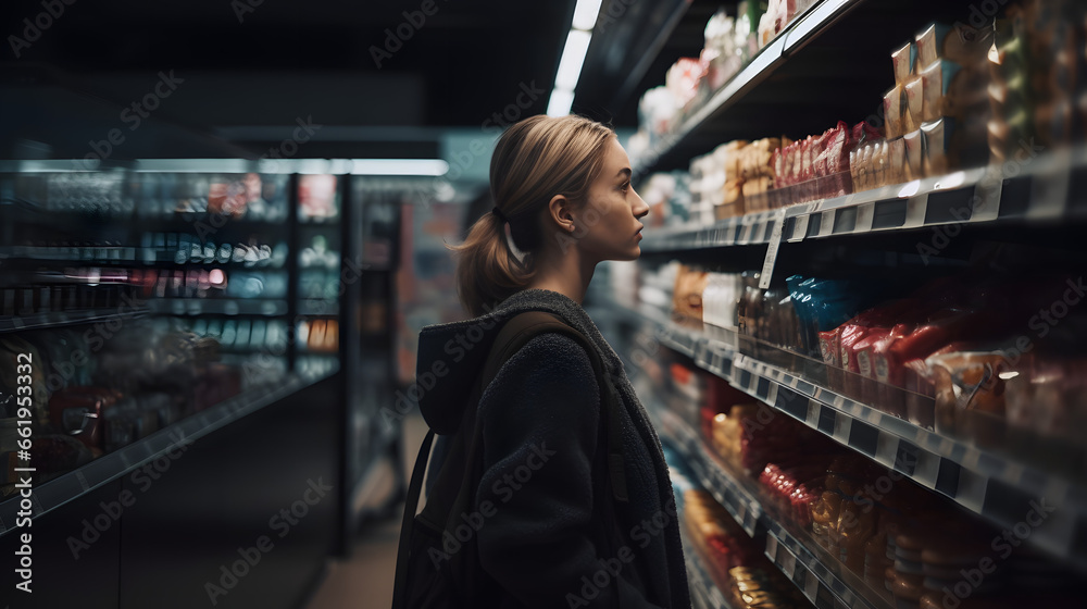  A woman looking at products in a grocery store