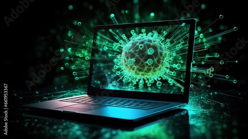 Notebook with IT or PC virus icon effect on the background, cyber security concept