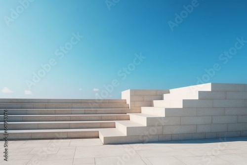 Empty podium and stairs against blue sky. Generative AI