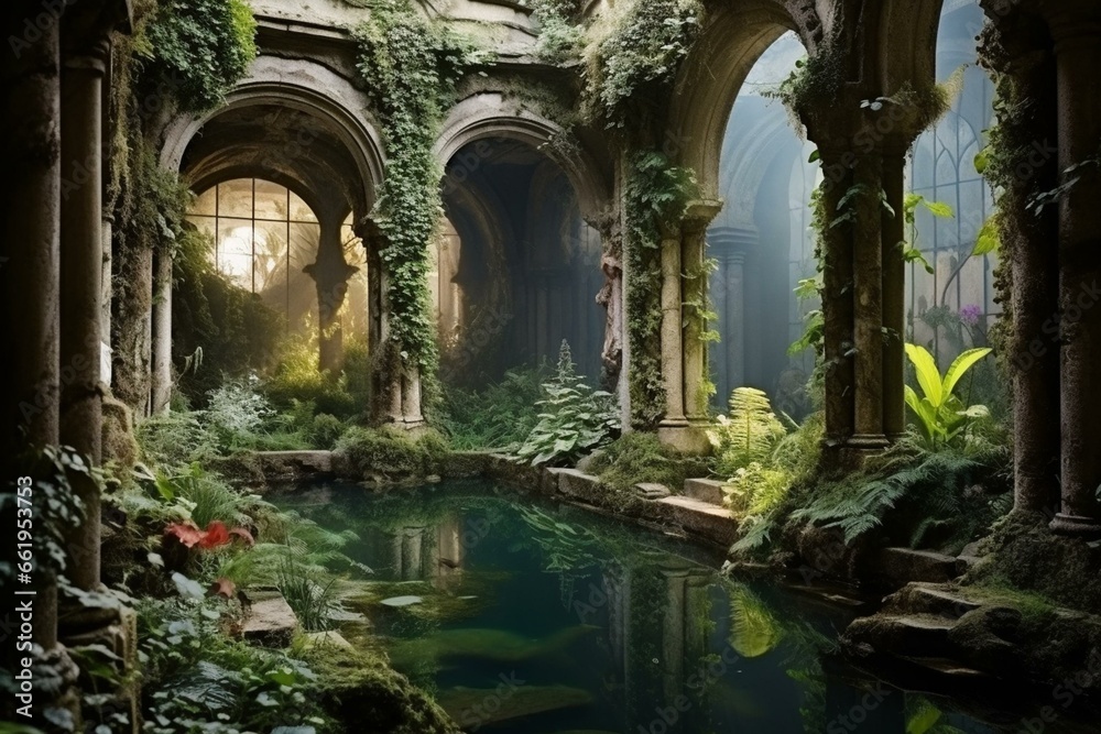 Overgrown oasis with flowing water in an ancient sanctuary. Generative AI