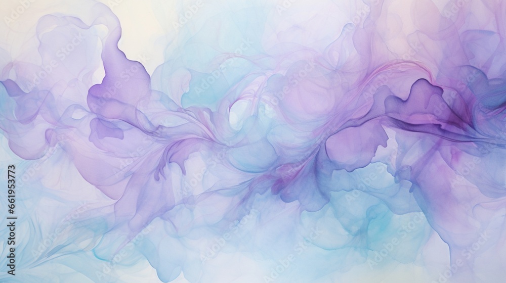 Craft an ethereal watercolor abstraction featuring translucent layers of aqua and lavender.