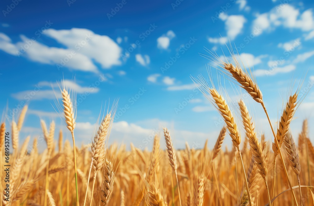 Expanse of wheat fields with bright blue clouds in the background. Generative AI Expanse of wheat fields with bright blue clouds in the background. Generative AI