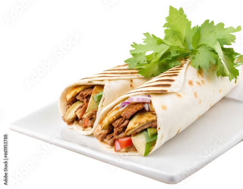 shawarma with meat decorated with greens on a white plate on a transparent background