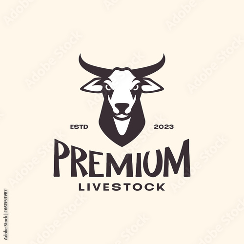 cow head portrait livestock beef meat mascot cartoon character vintage hipster simple logo design vector icon illustration