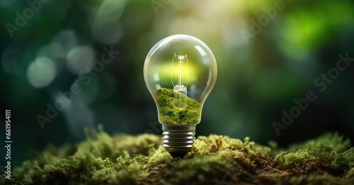 Light bulb in nature with renewable energy concept. Renewable energy sources, Ecology. Generative AI