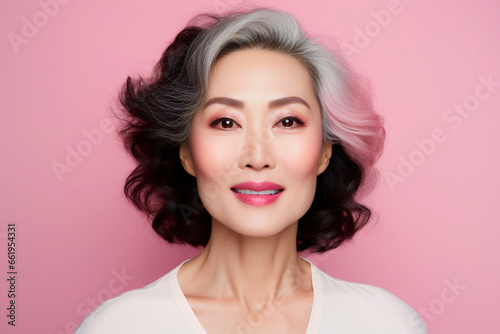 Beautiful mature asian woman with pastel pink lips