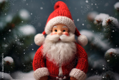 Knitted santa christmas decoration, winter background