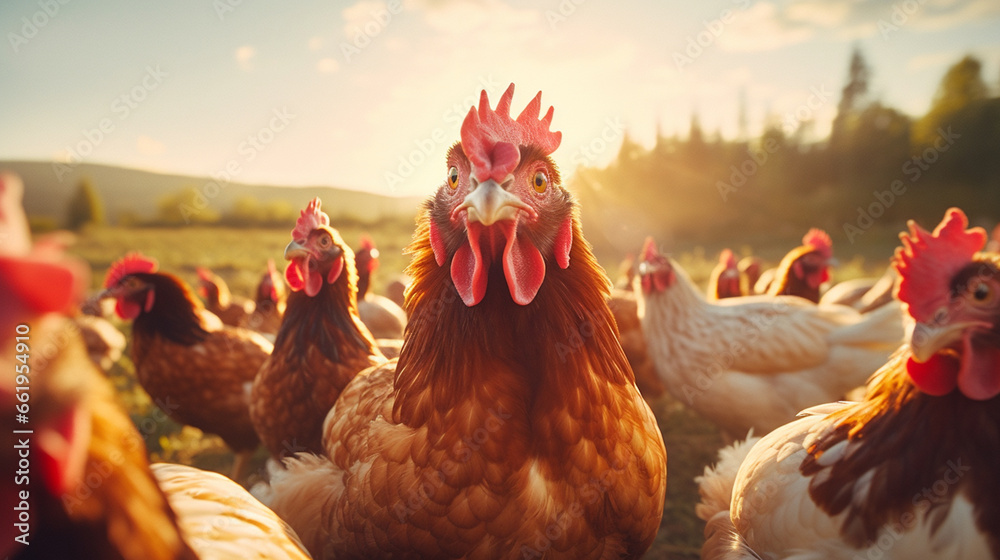 chickens on the farm - obrazy, fototapety, plakaty 