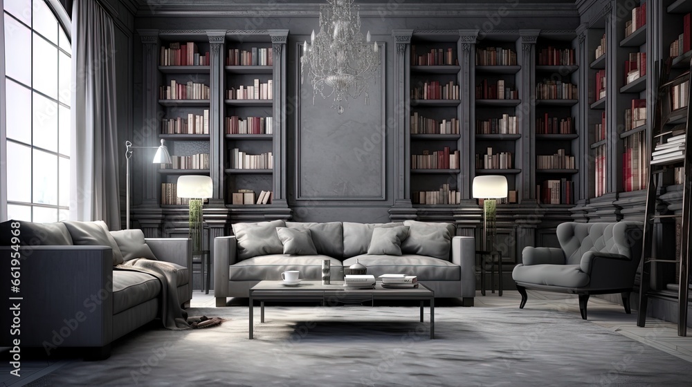 Library in the living room with a minimalist sofa, generated by AI Library in the living room with a minimalist sofa, generated by AI