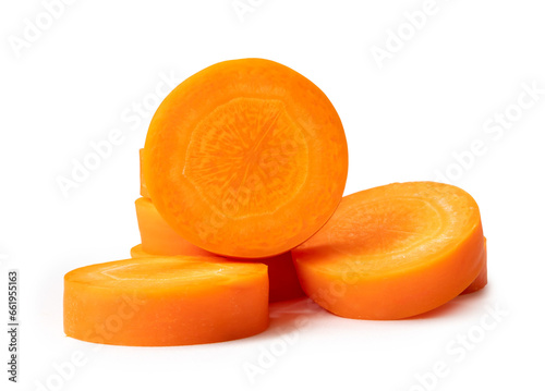 Fresh beautiful carrot slices in stack isolated on white background witch clipping path. Front view.