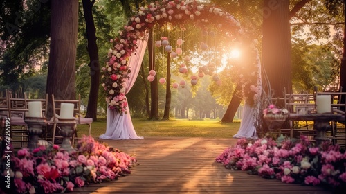 Beautiful wedding ceremony decoration photo in the garden, generated by AI