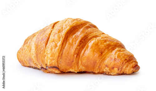 Side view of single croissant isolated on white background with clipping path