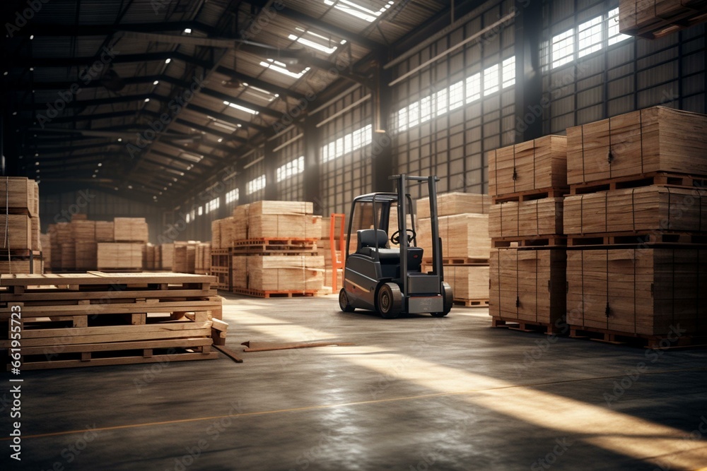 Logistics center, forklift, warehouse, materials, storage, wood, industrial. Generative AI
