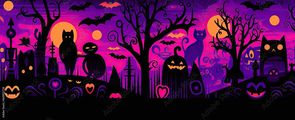 rainbow halloween background with cats, ghosts, spiders and other halloween symbols Generative AI