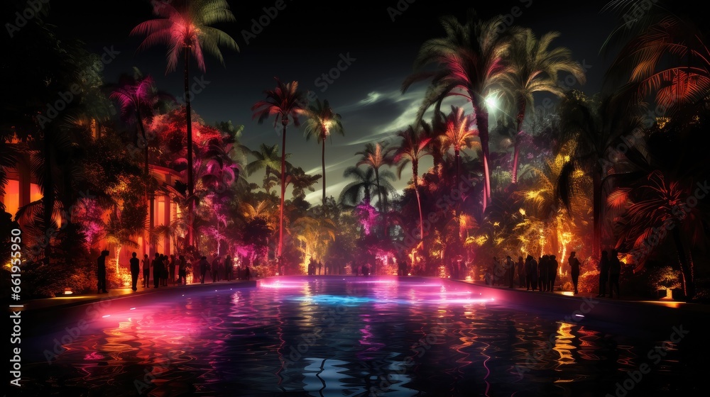 Nighttime Pool Party. Under the Stars with Illuminated Swimming Pool