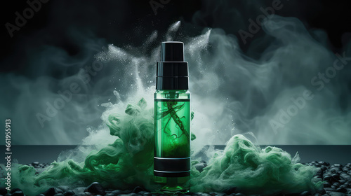 Creative promotional banner with mockup bottle of vape liquid with empty label, copy space. 3d render illustration style. 