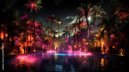 Nighttime Pool Party. Under the Stars with Illuminated Swimming Pool