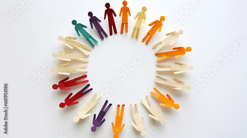 Figuras humanas de papel fazendo círculo sobre fundo branco. Conceito de Diversidade e Inclusão