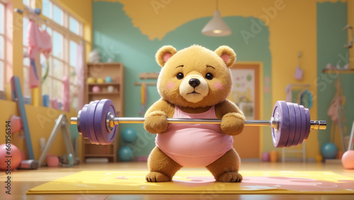 A cute bear is training to lift heavy weights photo