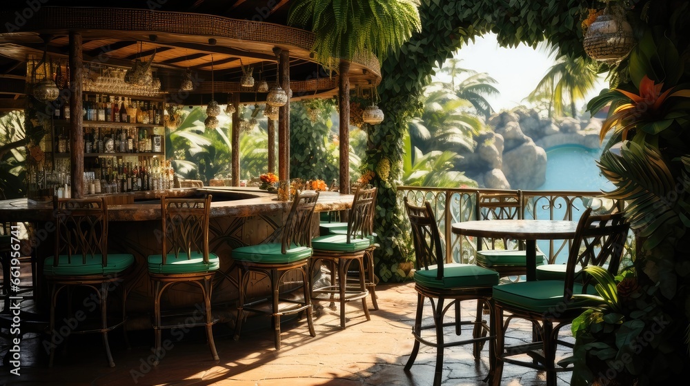 Lush Tropical Background Set Around a Vibrant Tiki Bar