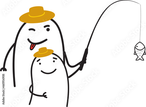 Thumb man. Fishing. Father and son fishing for a fish in a lake. Charcter emotional. New set of characters in the style of meme flork.