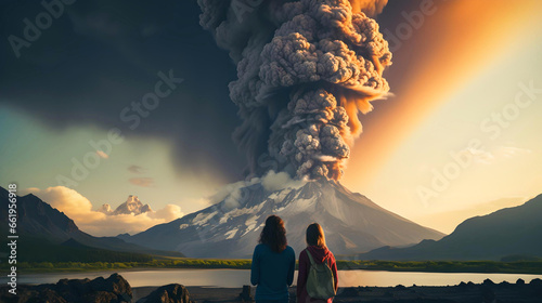Fotografia people watching an erupting volcano