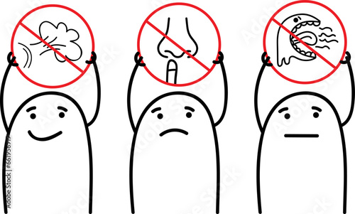 Thumb man. Person holding humorous signs: no farting, no putting your finger in your nose, no burping. Charcter emotional. New set of characters in the style of meme flork.