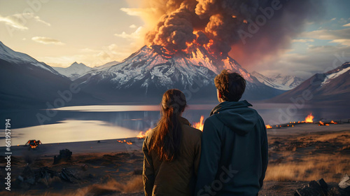Fotografia people watching an erupting volcano