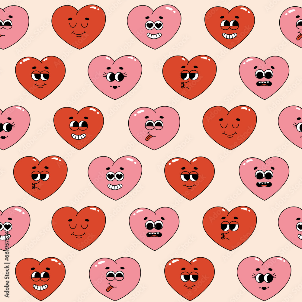 Fototapeta premium Seamless pattern of groovy hippie hearts. Cartoon characters in trendy retro style on pink background. Vector illustration