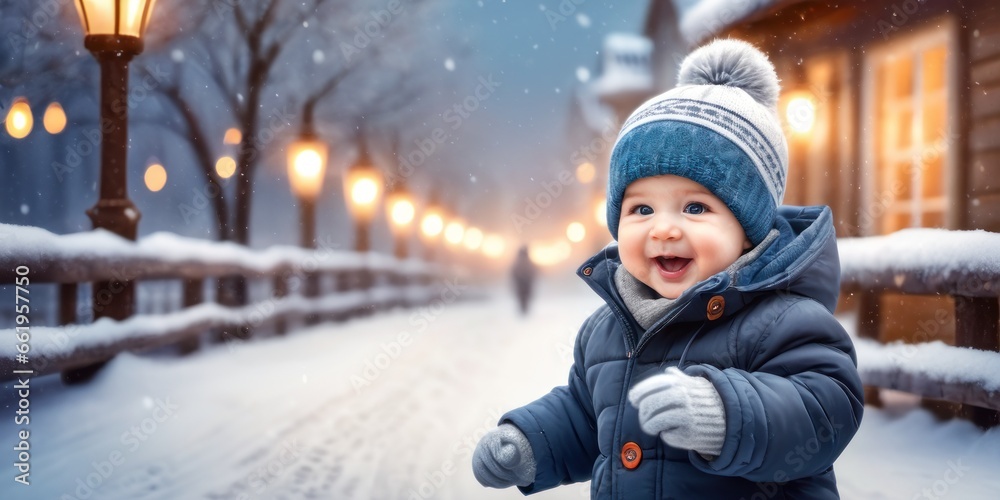 Happy little baby boy making outdoors in winter. Cute toddler in winter cloth. Child having fun on cold day. Winter walk outdoors Happy little baby boy making outdoors in winter. Cute toddler in winter cloth. Child having fun on cold day. Winter walk outdoors
