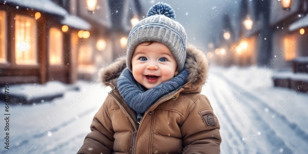 Happy little baby boy making outdoors in winter. Cute toddler in winter cloth. Child having fun on cold day. Winter walk outdoors Happy little baby boy making outdoors in winter. Cute toddler in winter cloth. Child having fun on cold day. Winter walk outdoors