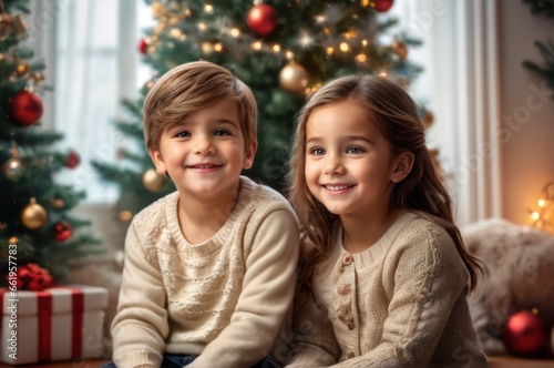 Happy little children opening presents on Christmas morning. Two excited kids sitting on floor in beautiful, decorated living room and together waiting a Christmas miracle with wonderful Xmas gift