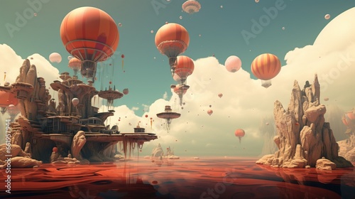 Design a 3D abstract world filled with floating, surreal objects and an otherworldly atmosphere.