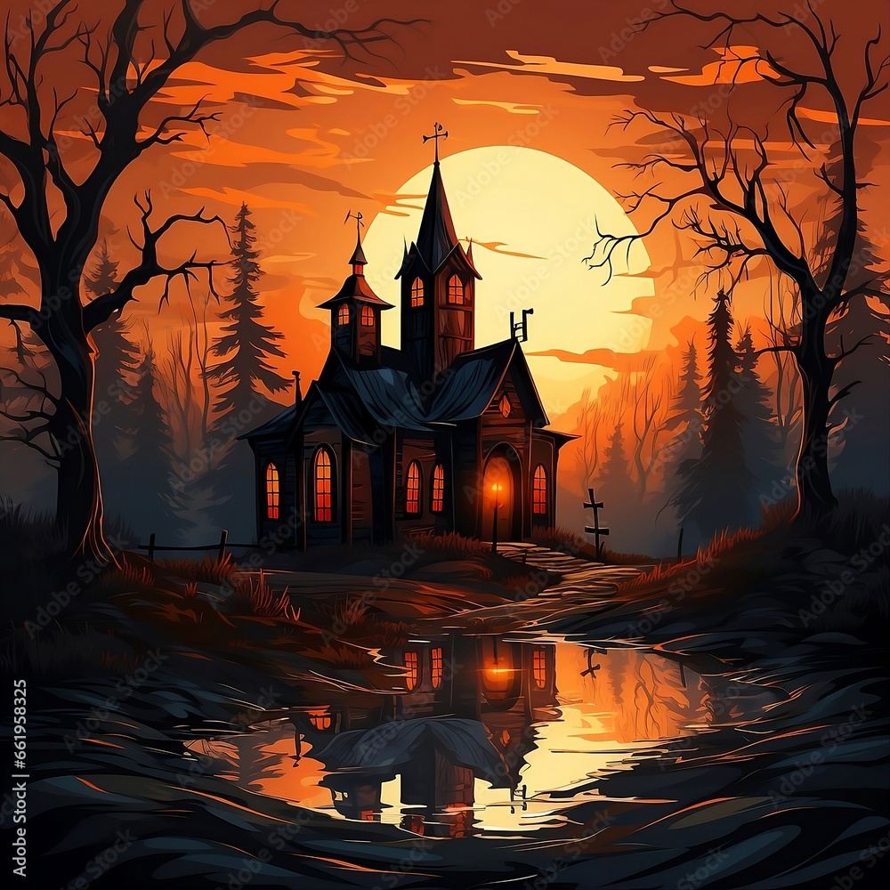 Mysterious colorful illustration of a haunted house with leafless trees near a pond