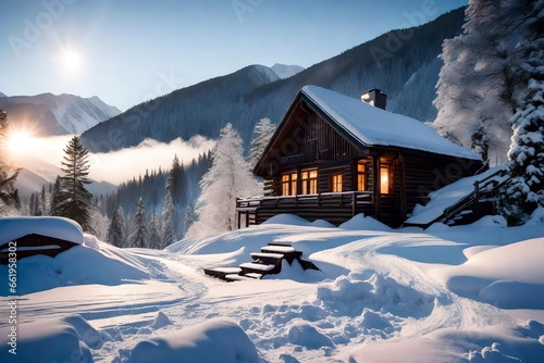  A picturesque mountain cabin nestled in a snowy valley, smoke curling from its chimney on a crisp winter morning.