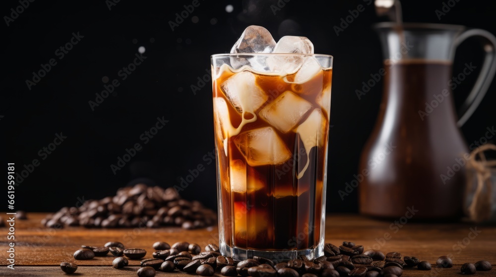 Iced coffee in a glass with ice cubes and coffee beans on wooden table Iced coffee in a glass with ice cubes and coffee beans on wooden table