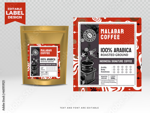 Coffee label design template with mockup standing pouch, editable text. Editable text label coffee design. Vector illustration