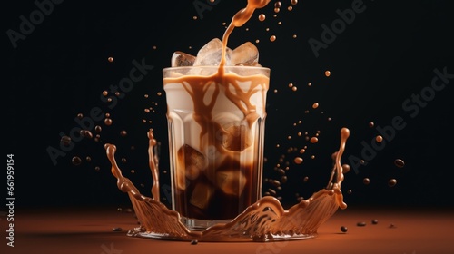 Iced coffee splashing into glass with ice cubes on dark background